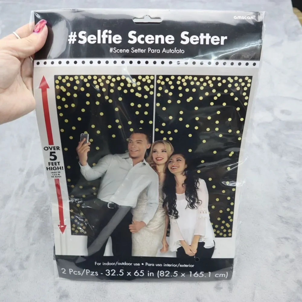 Selfie Scene Setter Backdrop Picture Photo Booth Black Gold Classy Confetti 5'